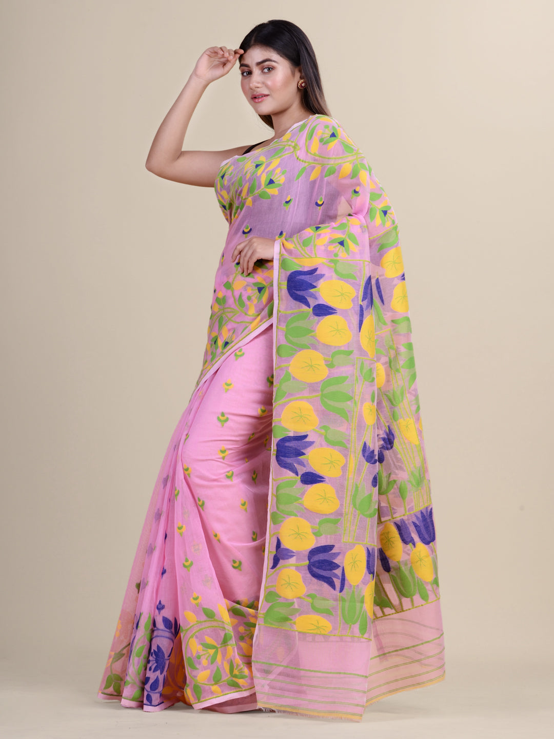 Pink & Multi Cotton Jamdani Saree