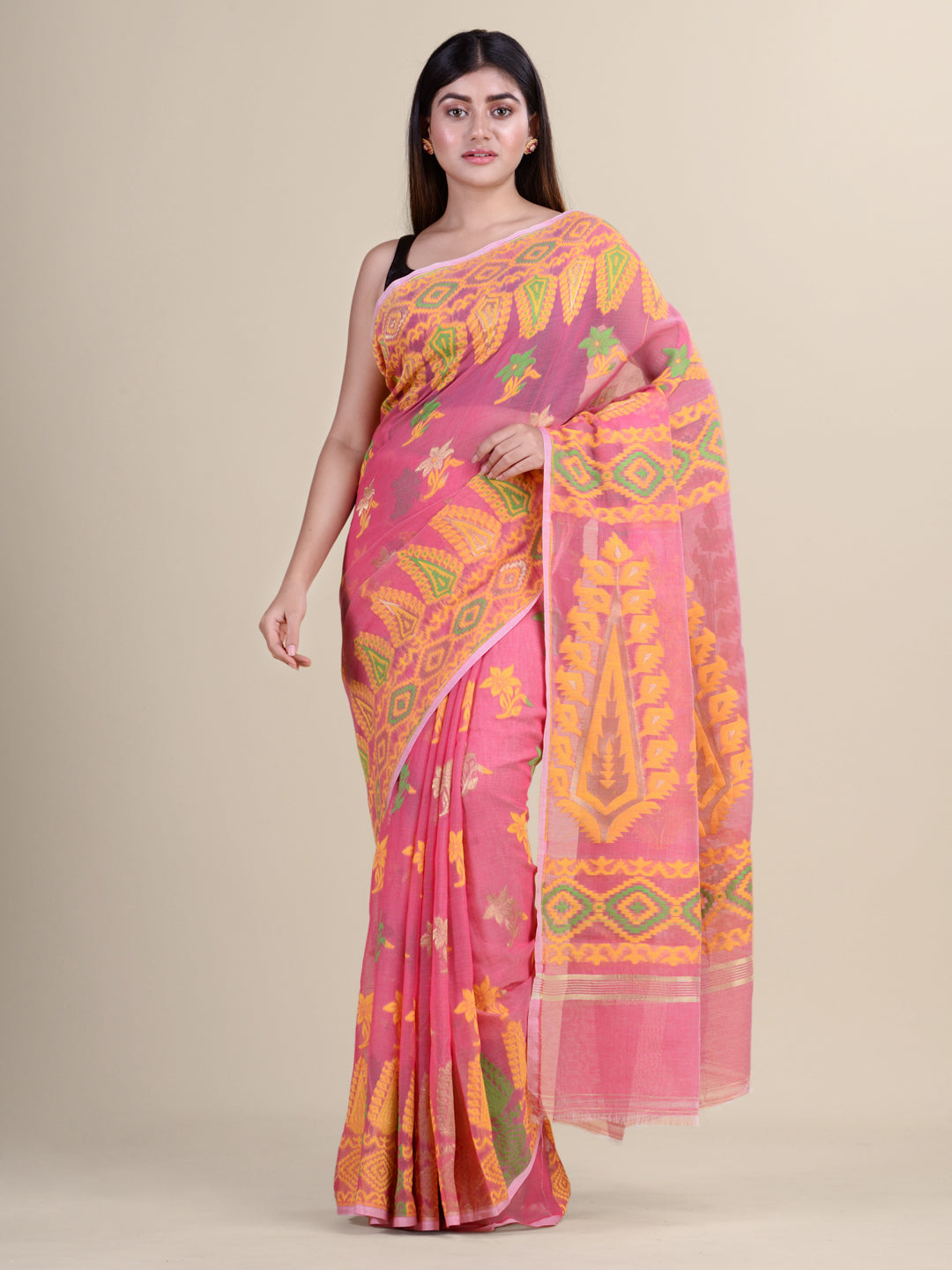 Pink & Yellow Cotton Jamdani Saree