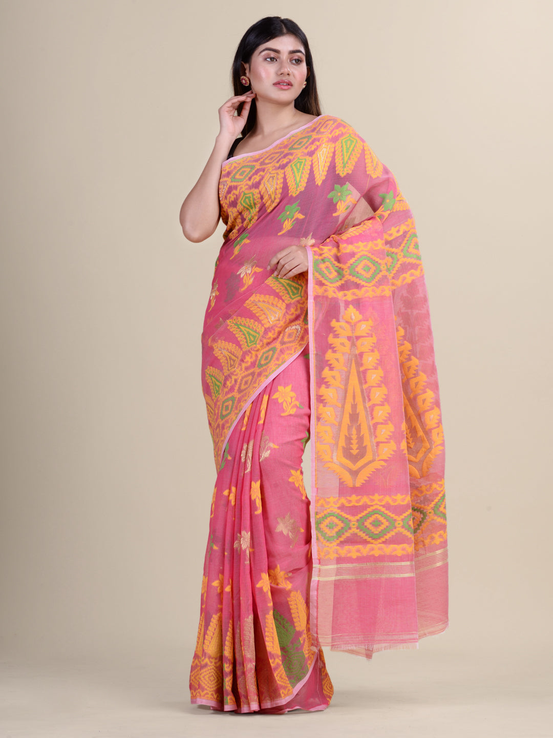 Pink & Yellow Cotton Jamdani Saree