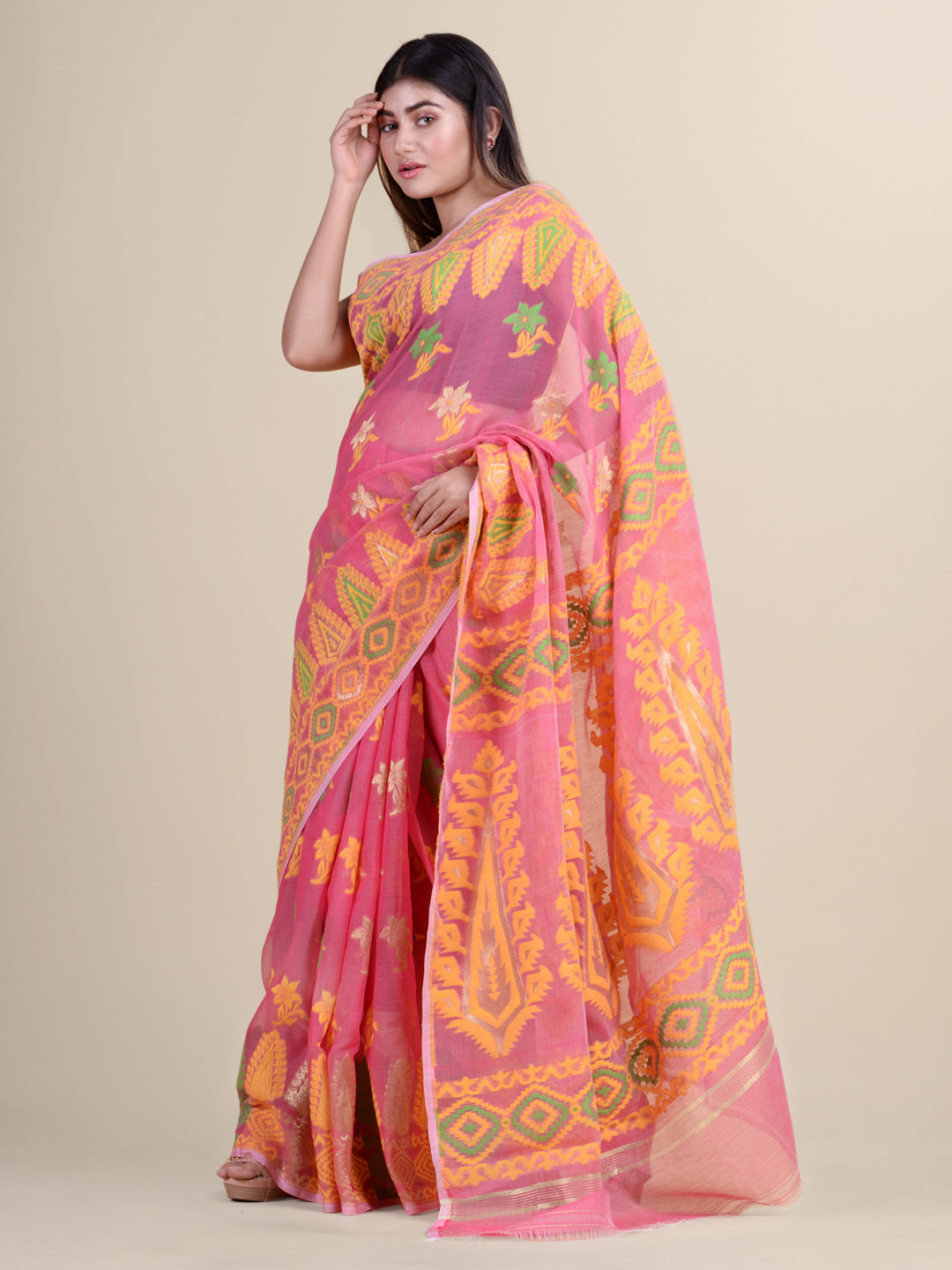 Pink & Yellow Cotton Jamdani Saree