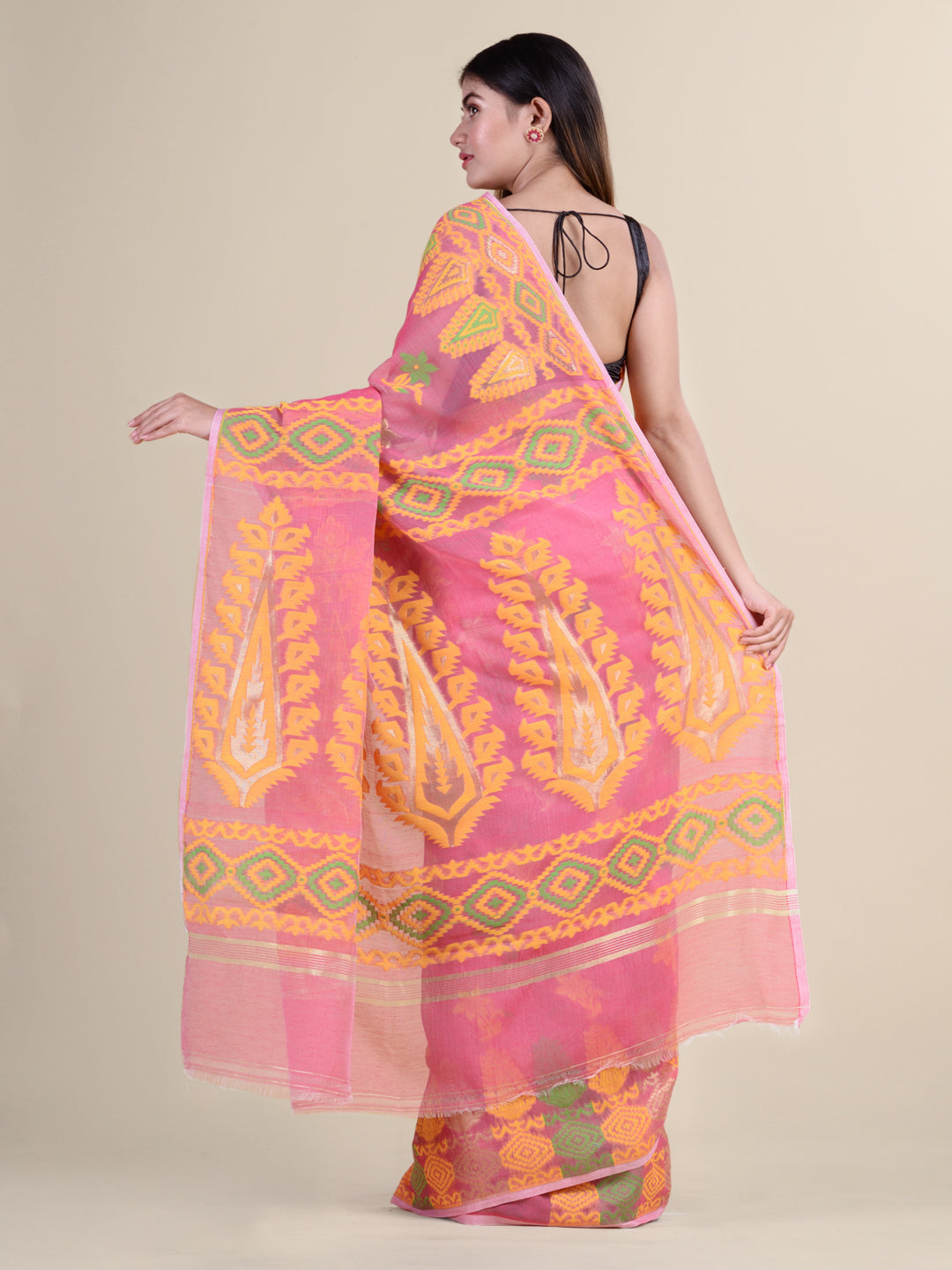 Pink & Yellow Cotton Jamdani Saree