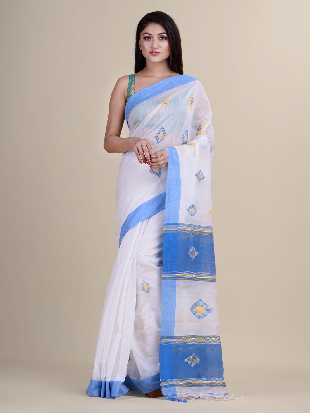 White & Sky Blue Handloom  saree