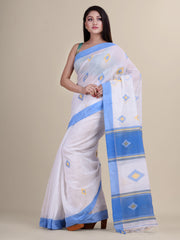 White & Sky Blue Handloom  saree