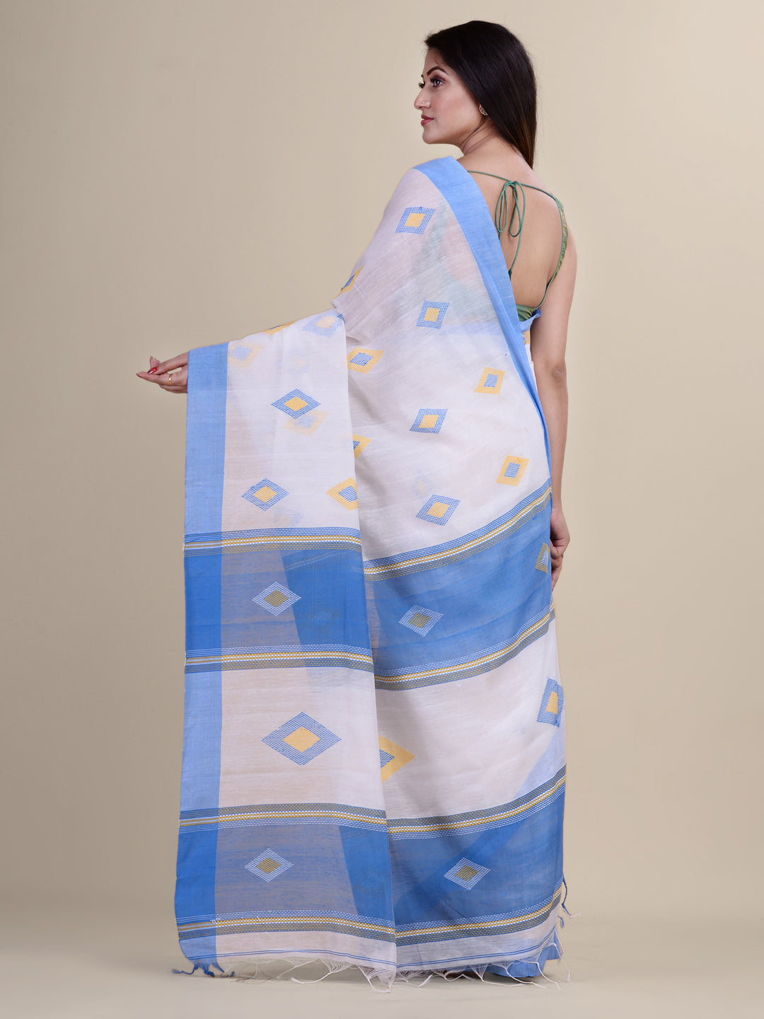 White & Sky Blue Handloom  saree