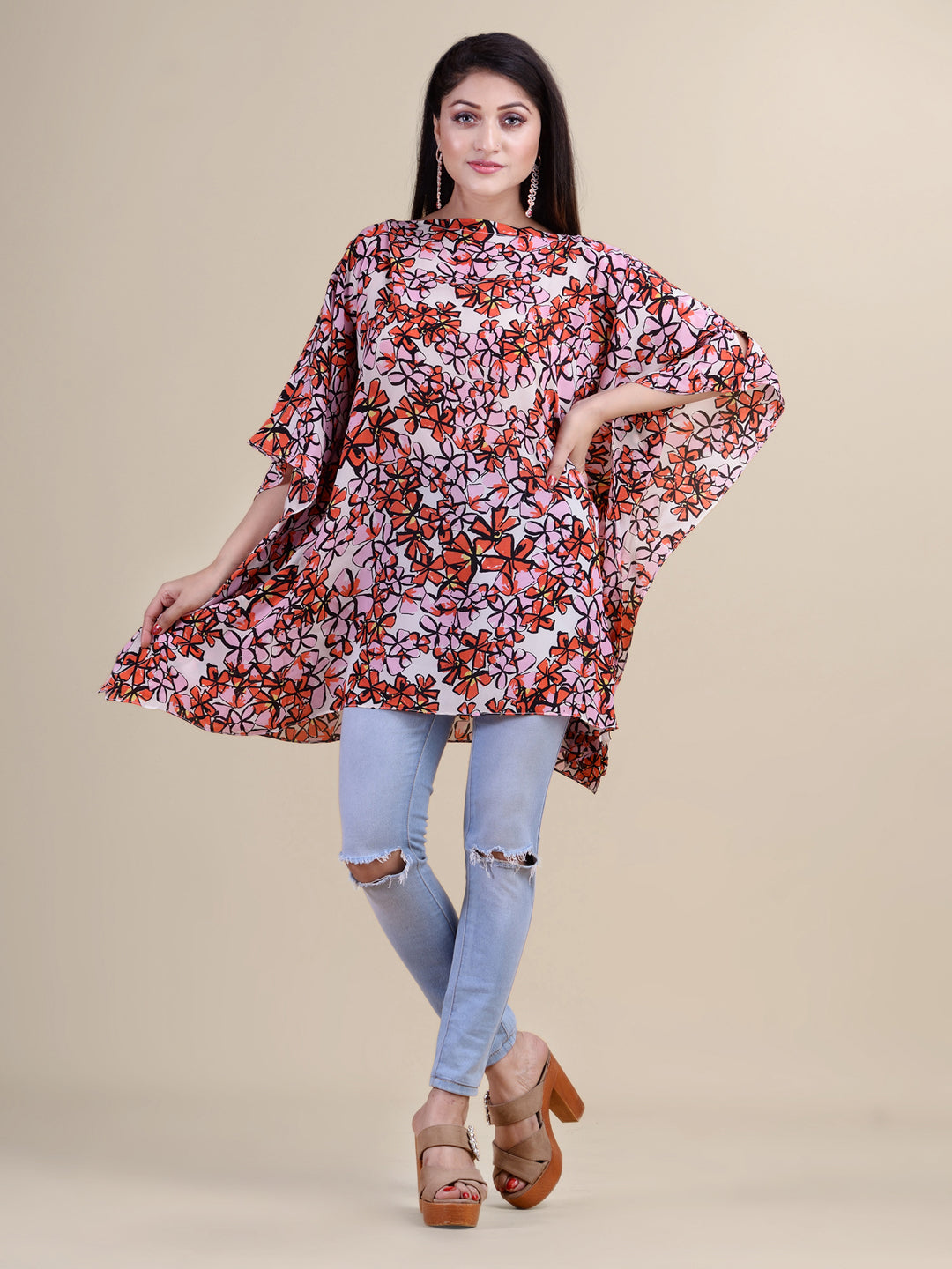 White & Red floral print kaftan