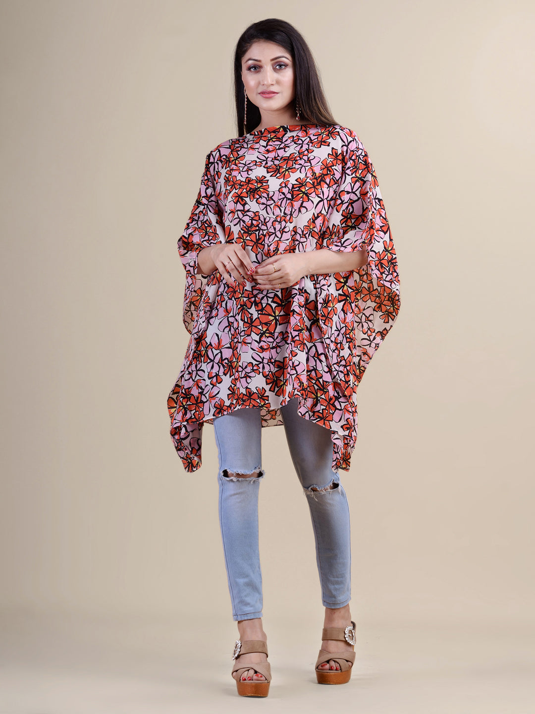 White & Red floral print kaftan