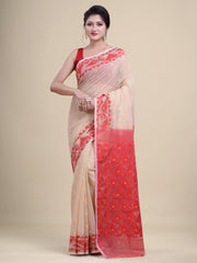 Off White & Red Cotton Jamdani Saree