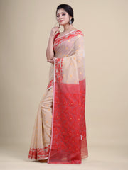 Off White & Red Cotton Jamdani Saree