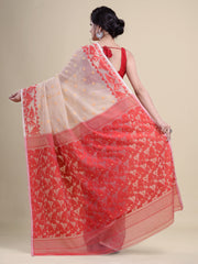 Off White & Red Cotton Jamdani Saree