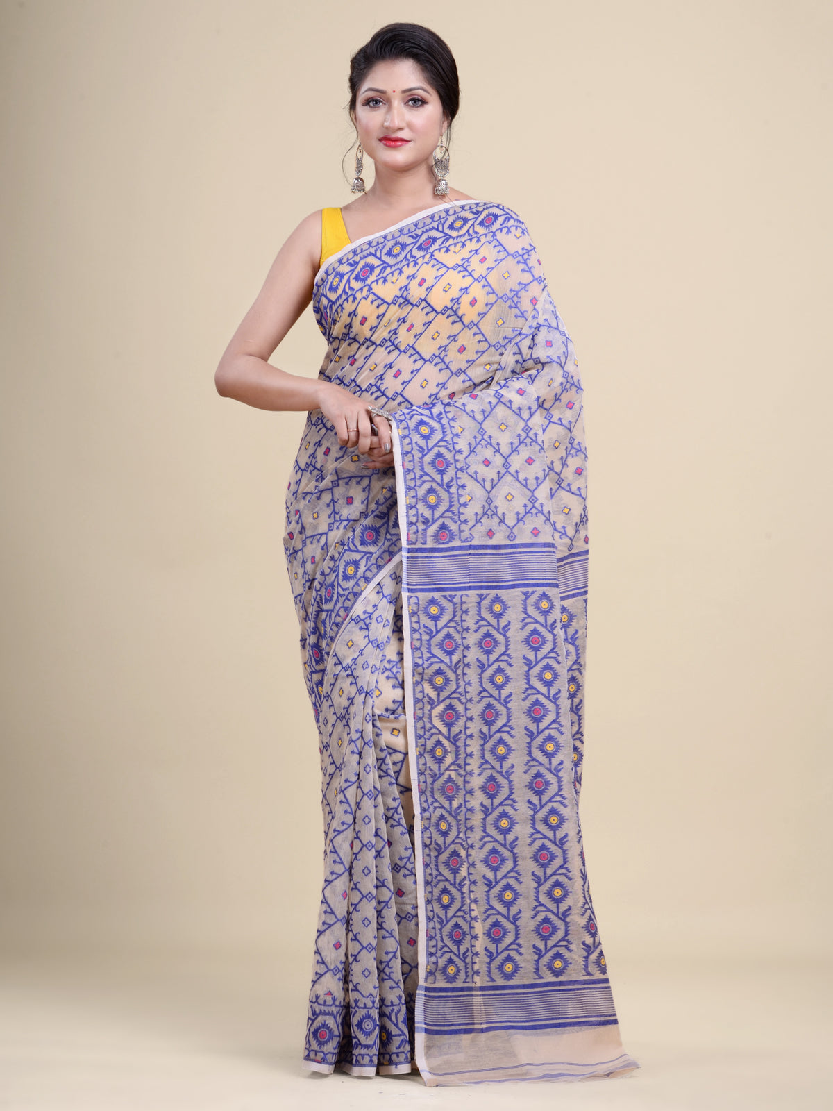 Off White & Blue  Cotton Jamdani Saree