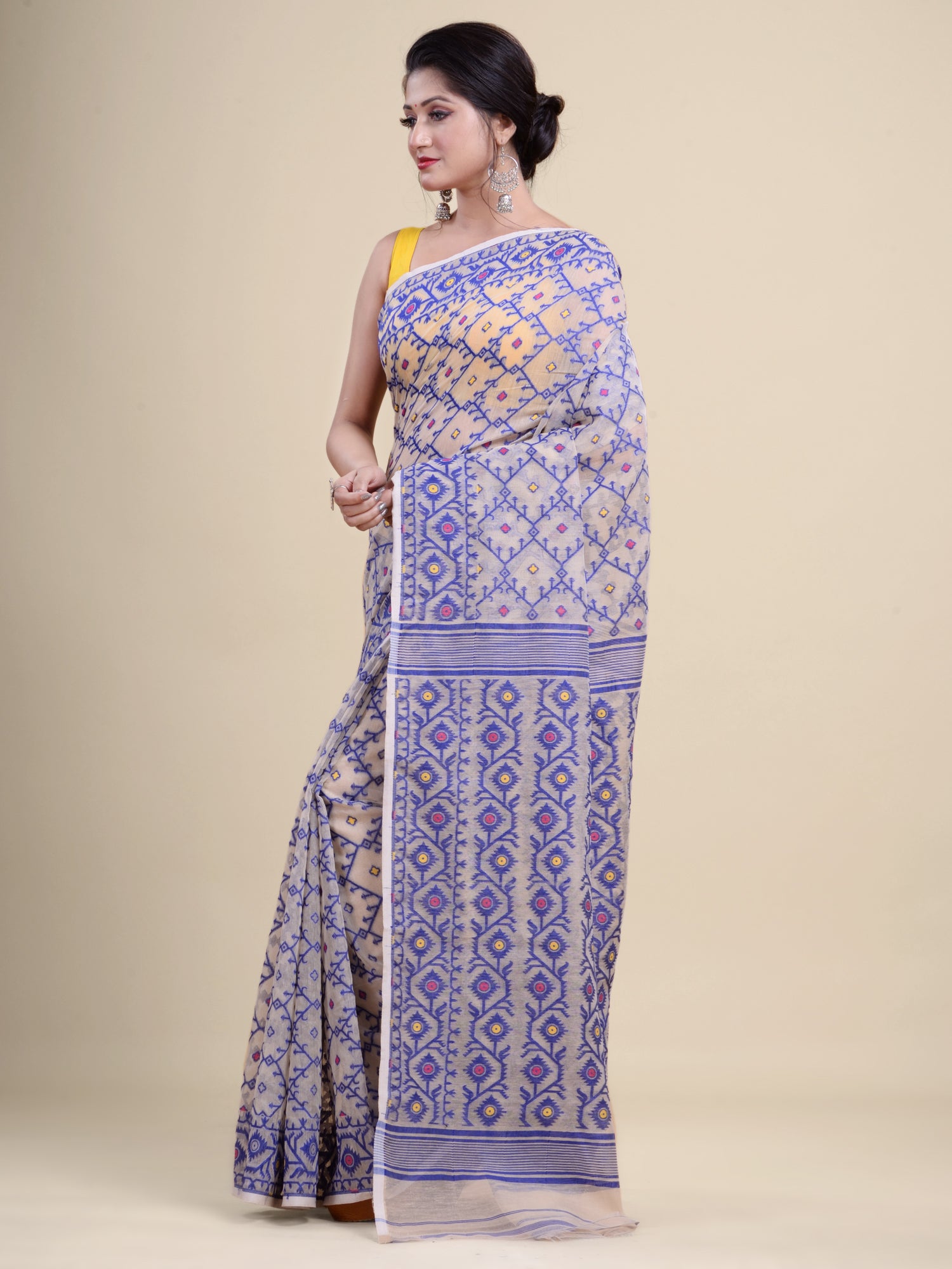 Off White & Blue  Cotton Jamdani Saree