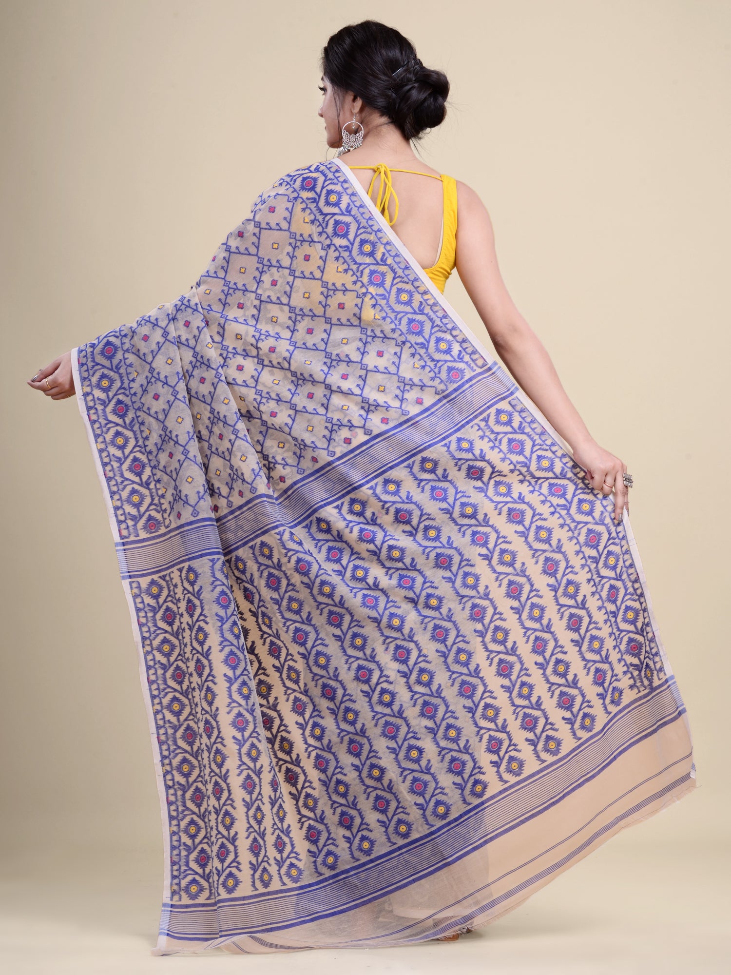 Off White & Blue  Cotton Jamdani Saree