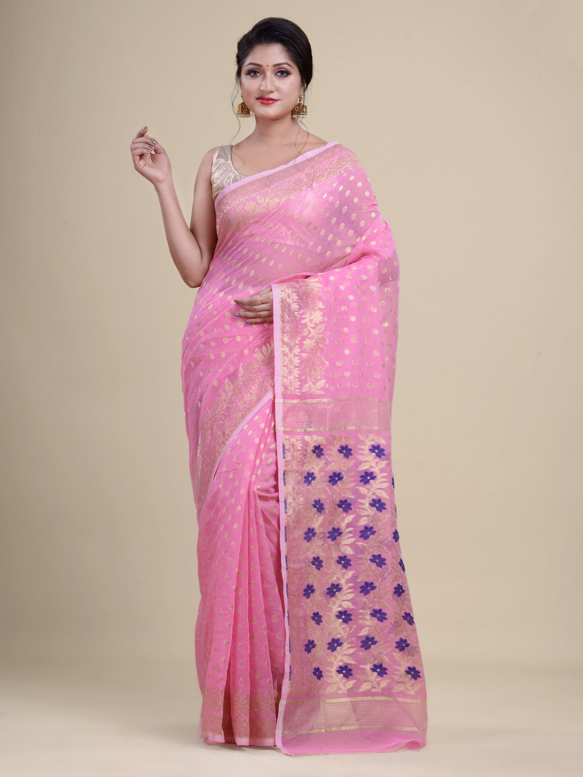 Pink & Blue silk cotton jamdani saree