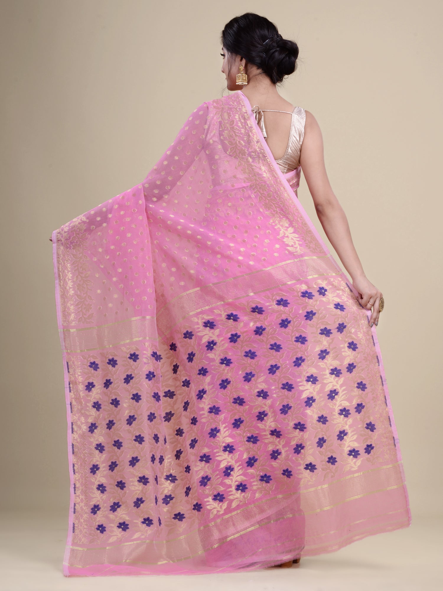 Pink & Blue silk cotton jamdani saree