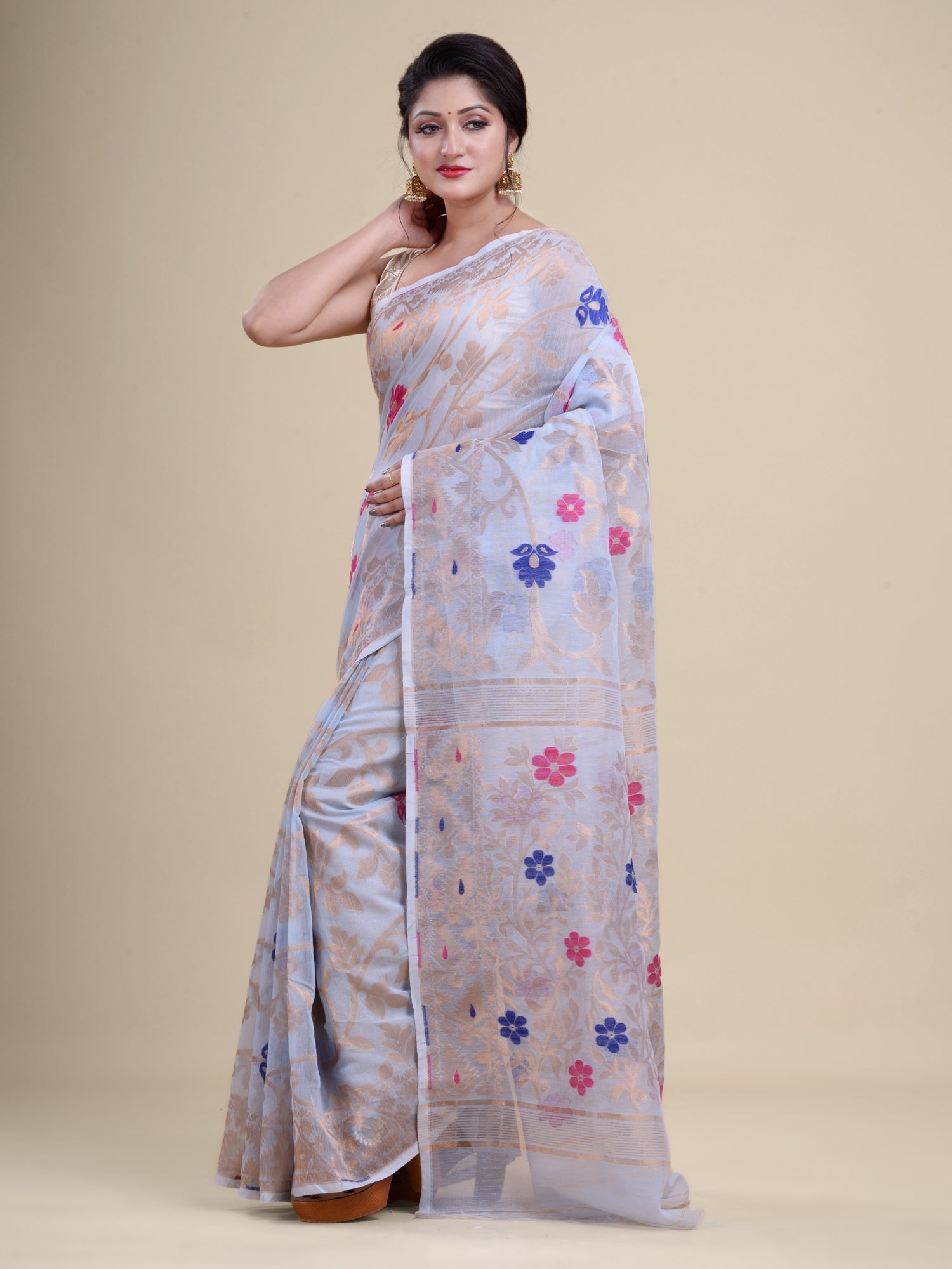 Sky Blue  & Golden Cotton Jamdani Saree