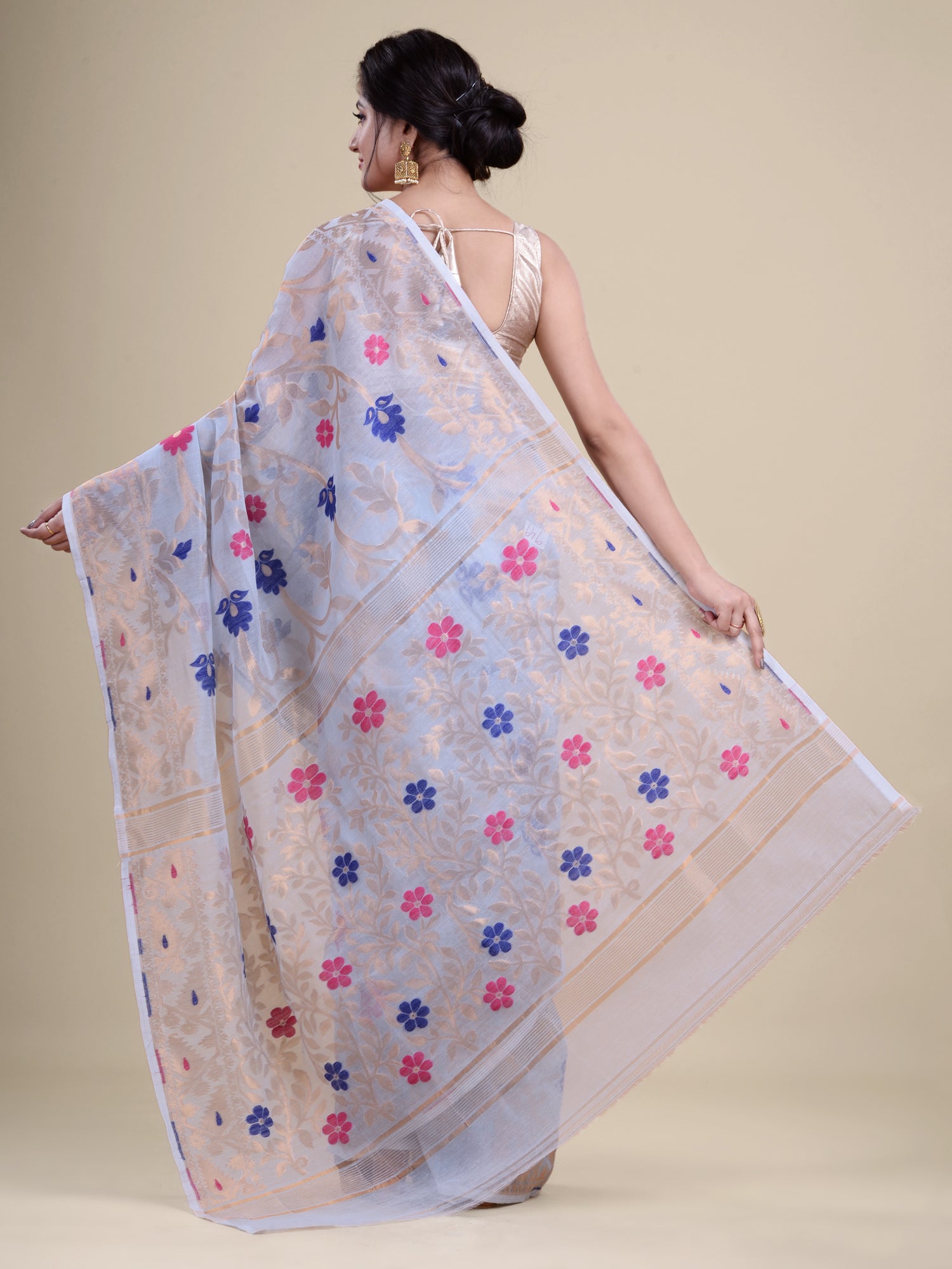 Sky Blue  & Golden Cotton Jamdani Saree