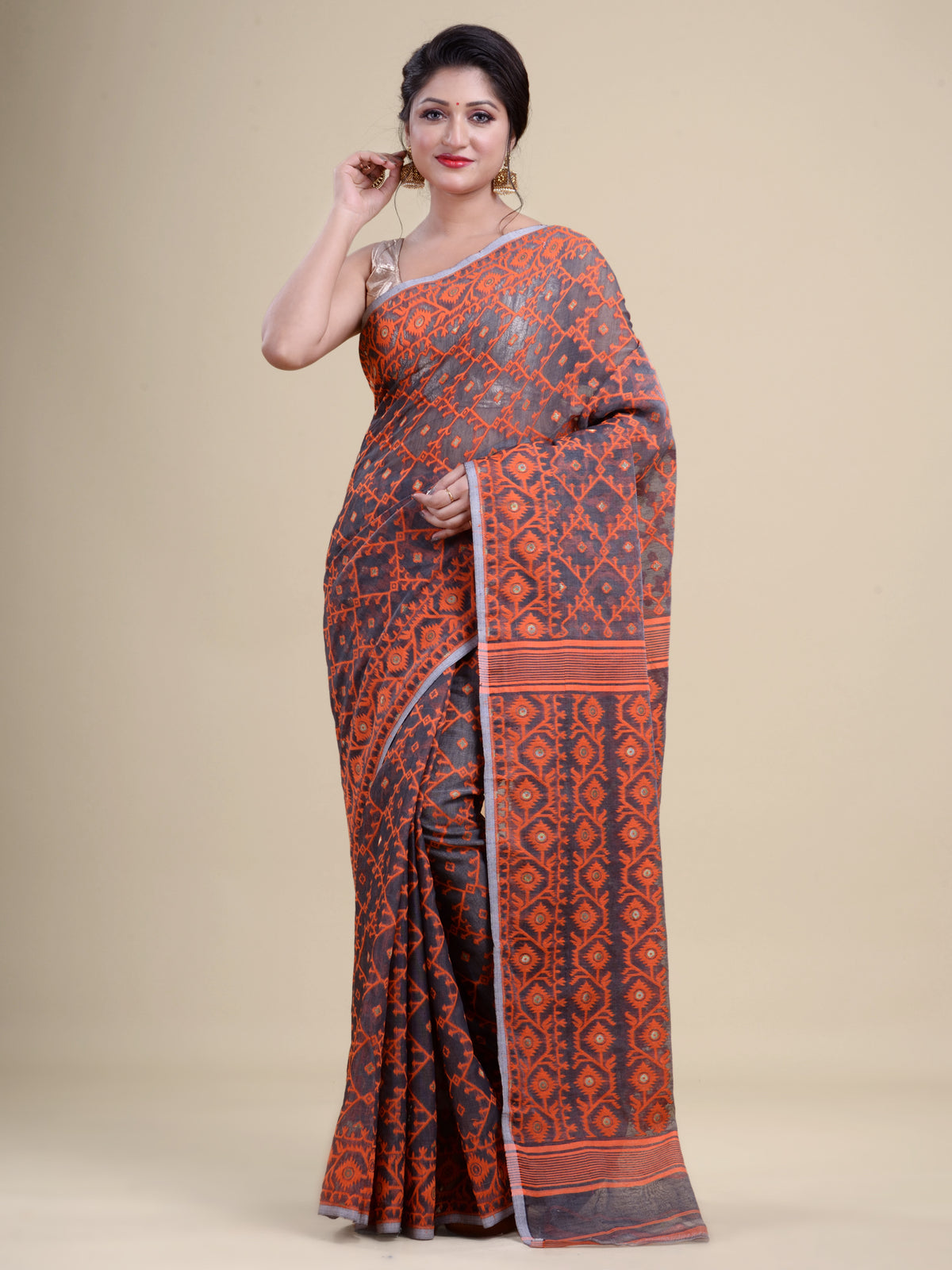 Grey  & Orange  Cotton Jamdani Saree