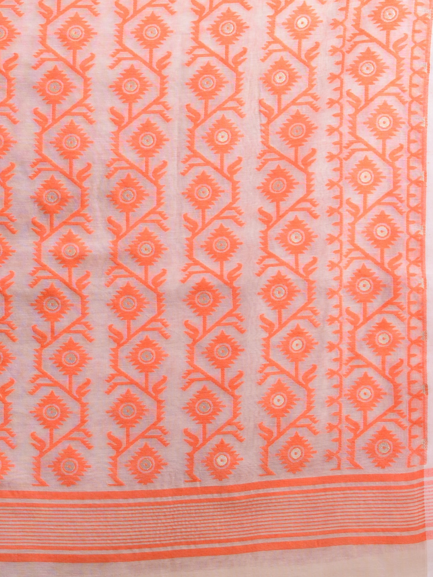 Off White & Orange  Cotton Jamdani Saree