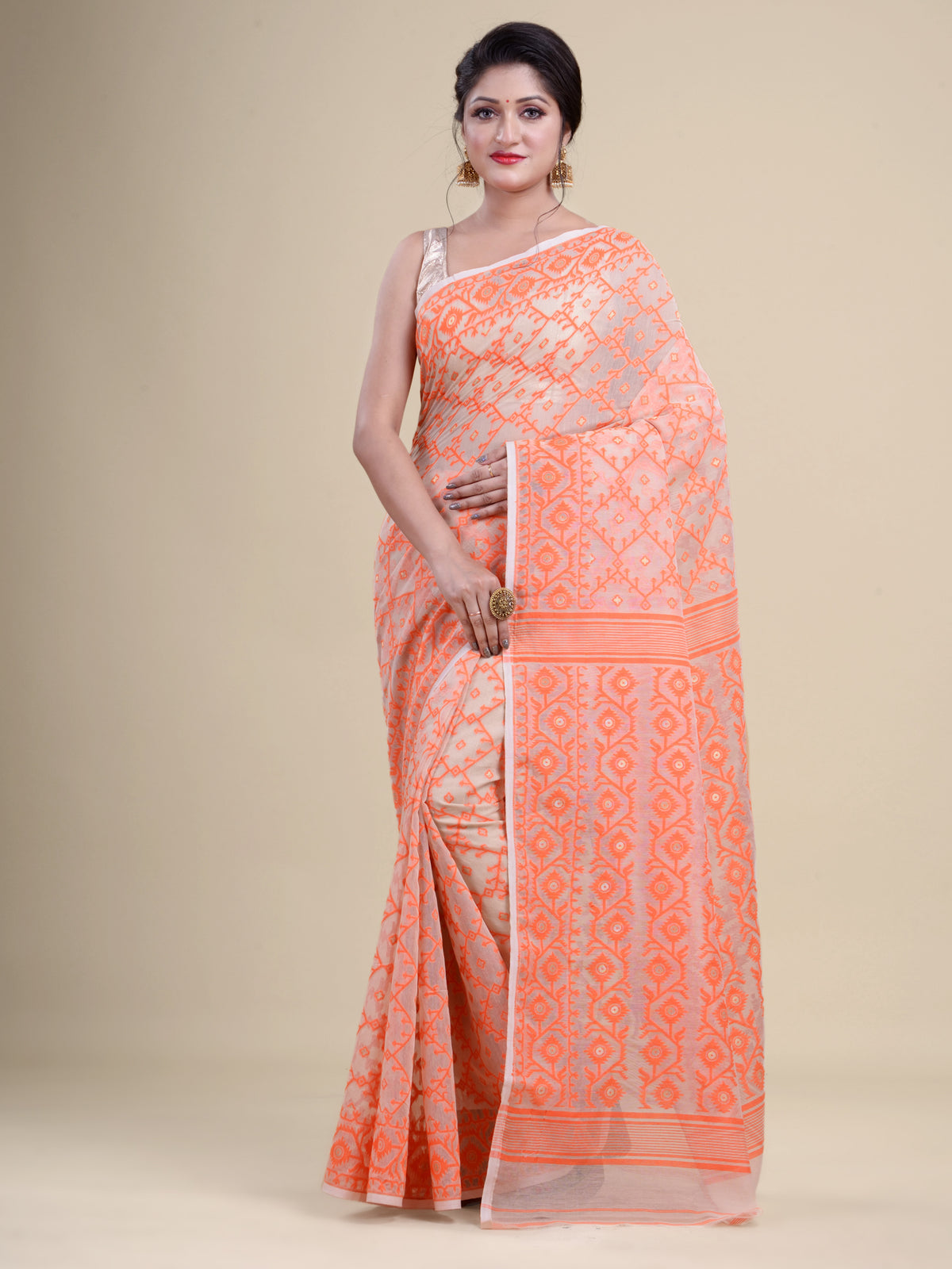 Off White & Orange  Cotton Jamdani Saree