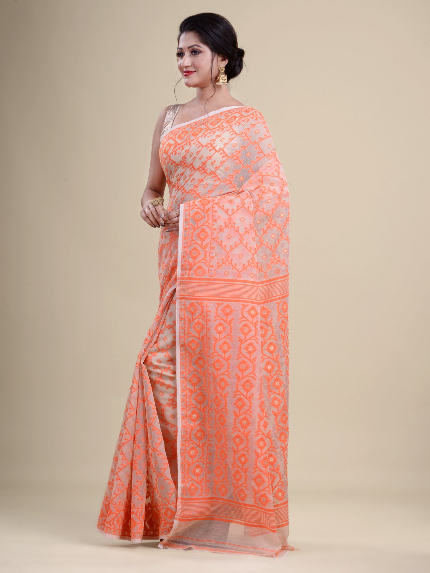 Off White & Orange  Cotton Jamdani Saree