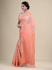 Off White & Orange  Cotton Jamdani Saree