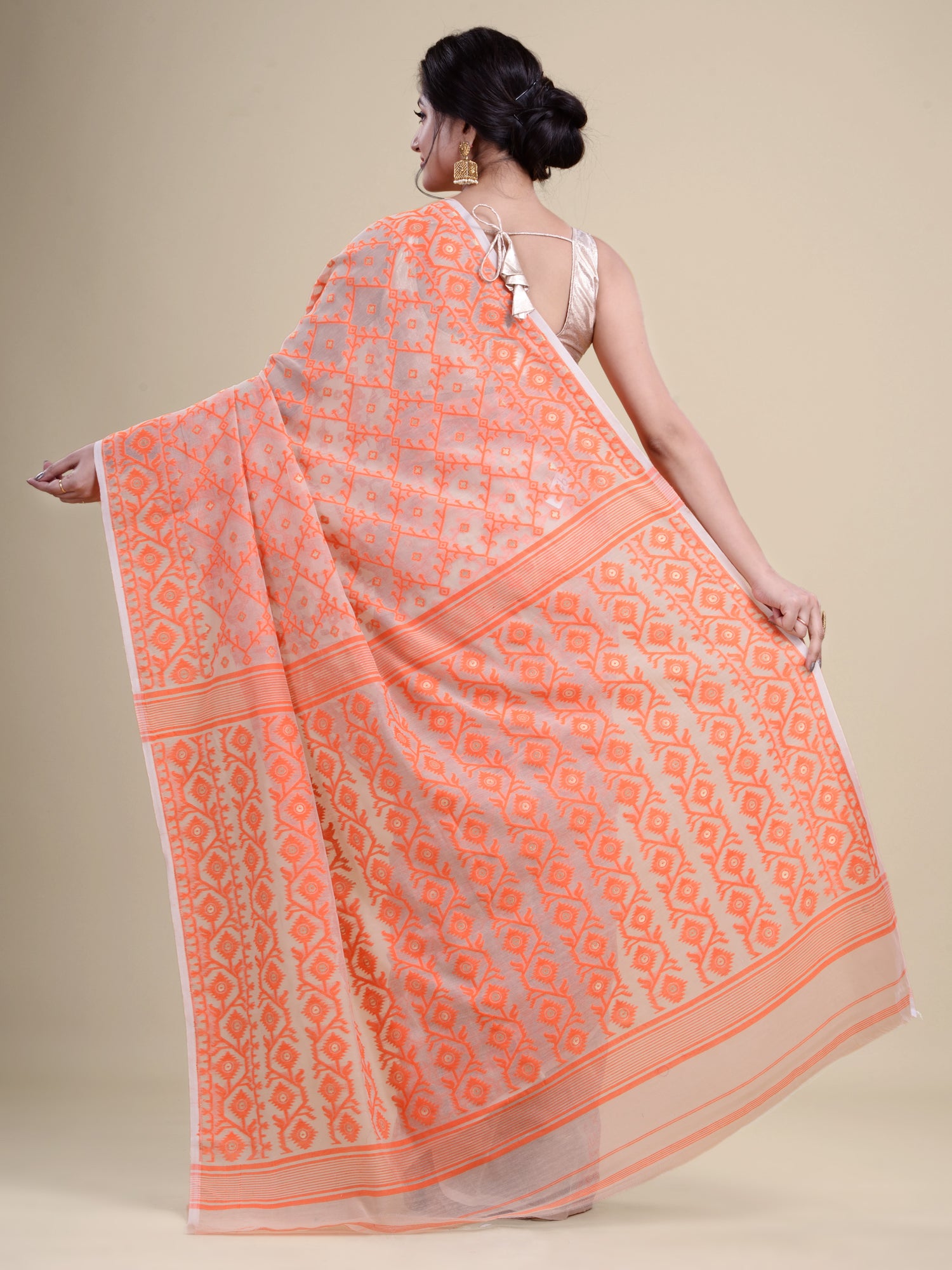 Off White & Orange  Cotton Jamdani Saree