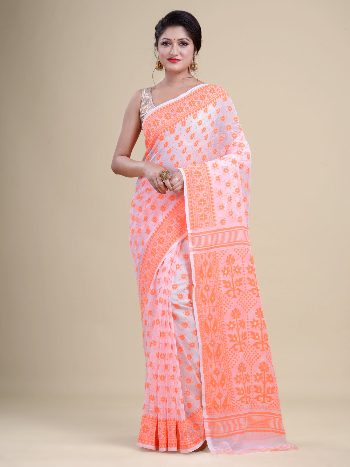 White & Orange  Cotton Jamdani Saree