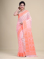 White & Orange  Cotton Jamdani Saree