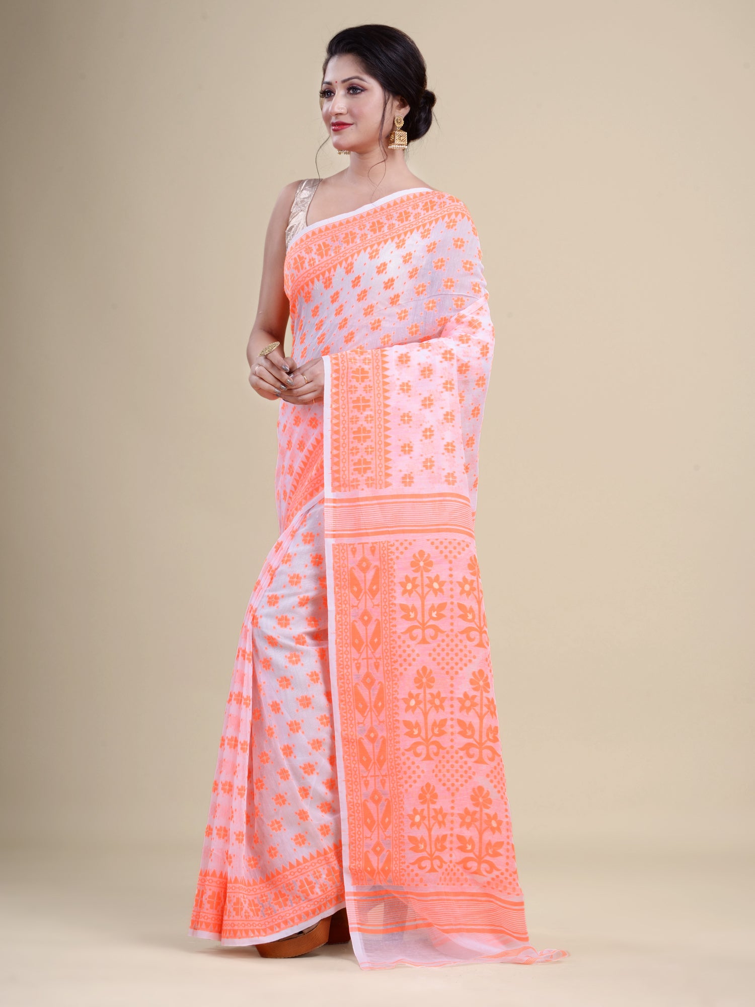 White & Orange  Cotton Jamdani Saree