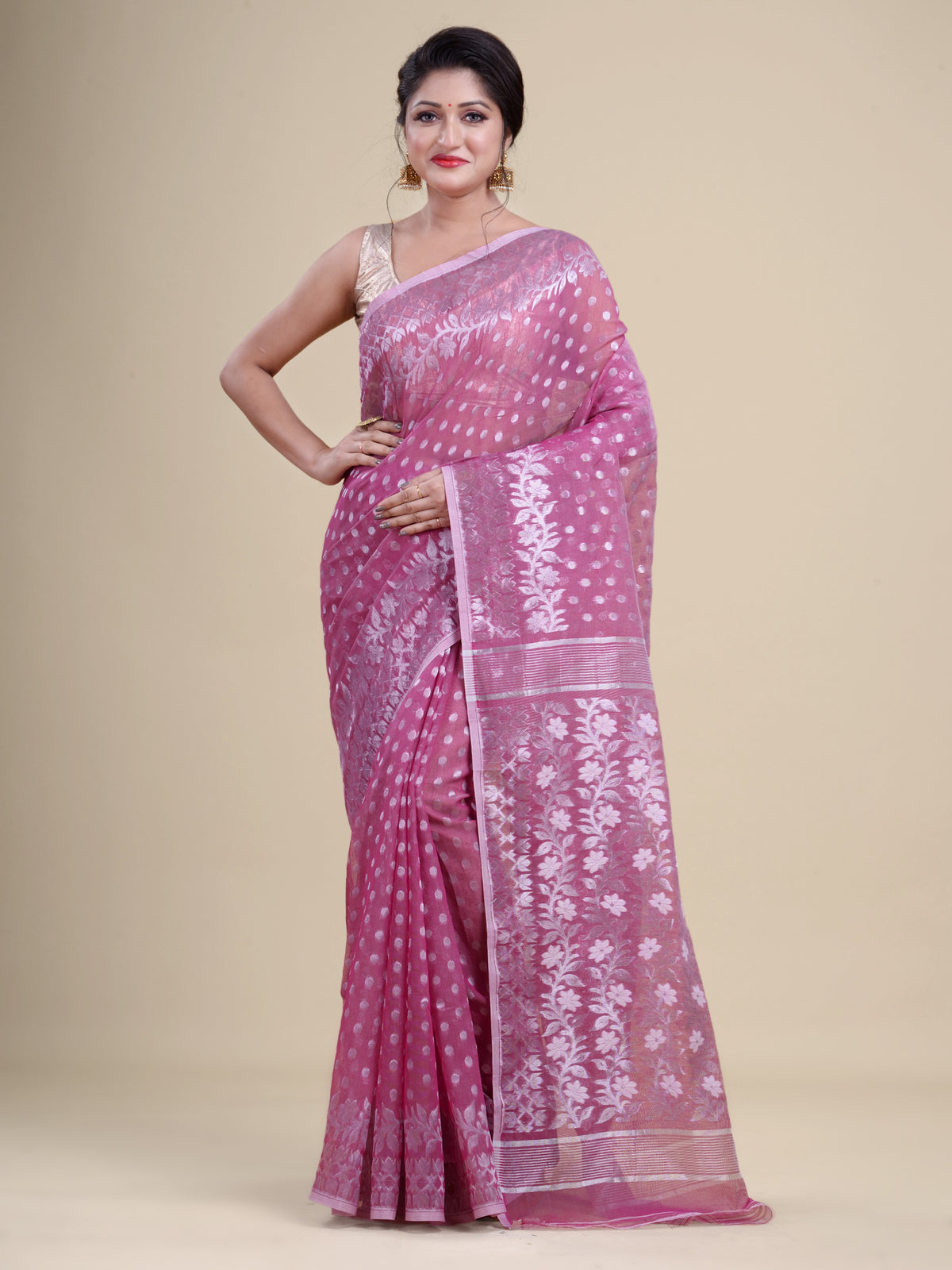 Magenta & Silver silk cotton jamdani saree