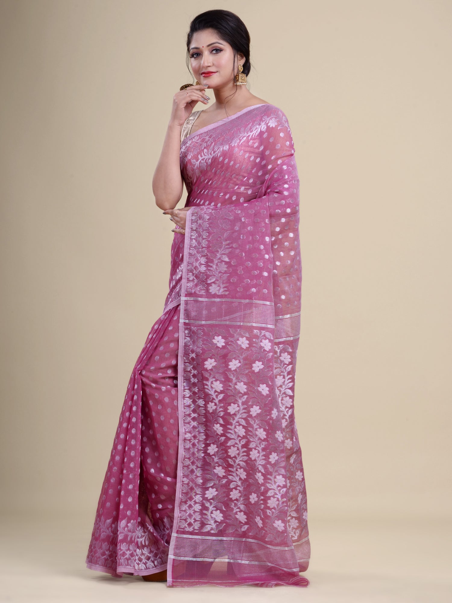 Magenta & Silver silk cotton jamdani saree