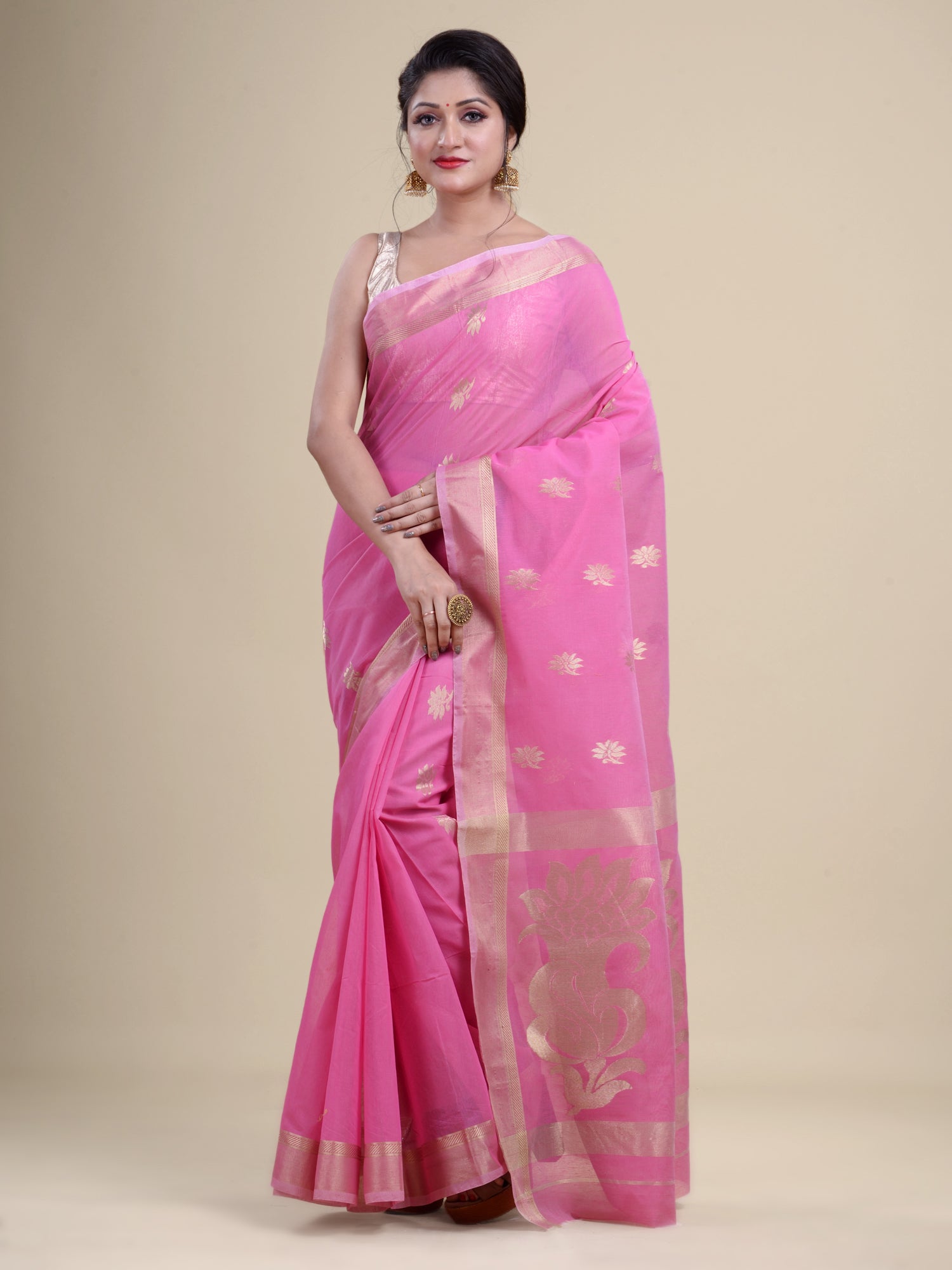 Pink  & Golden Silk  Handloom  saree