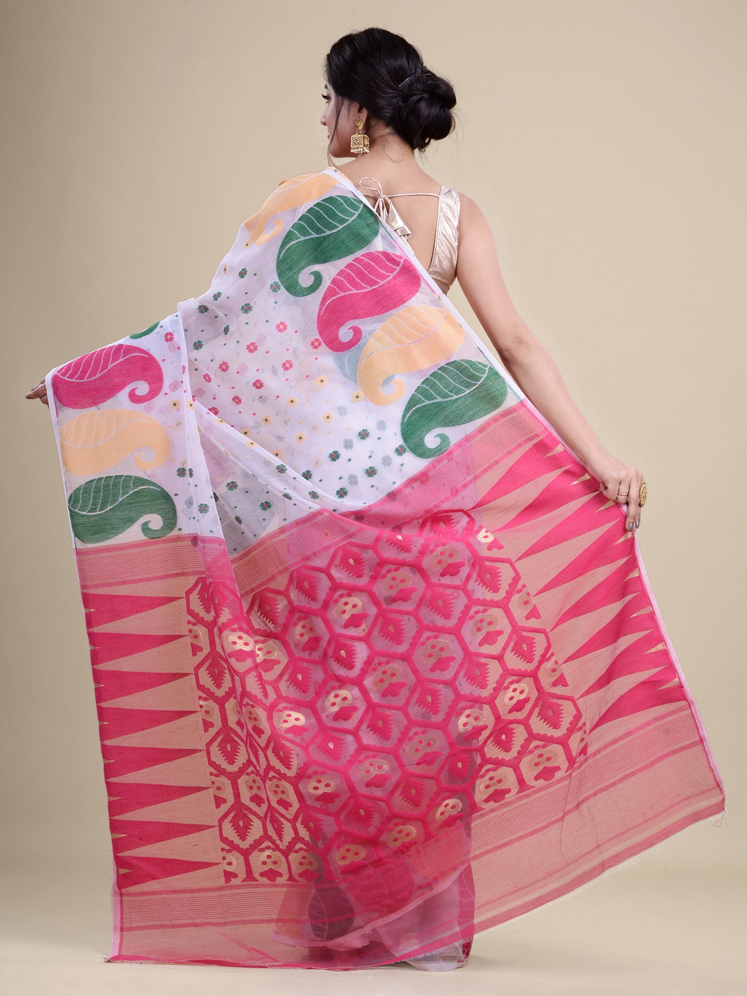 White & Pink  Cotton Jamdani Saree