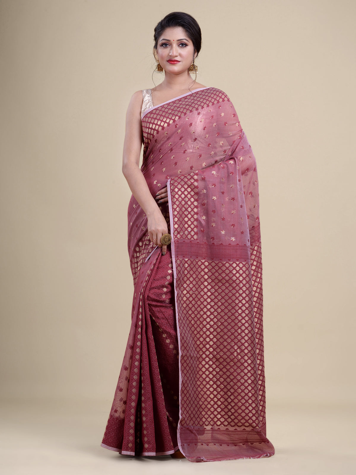 Maroon & Golden Cotton Jamdani Saree