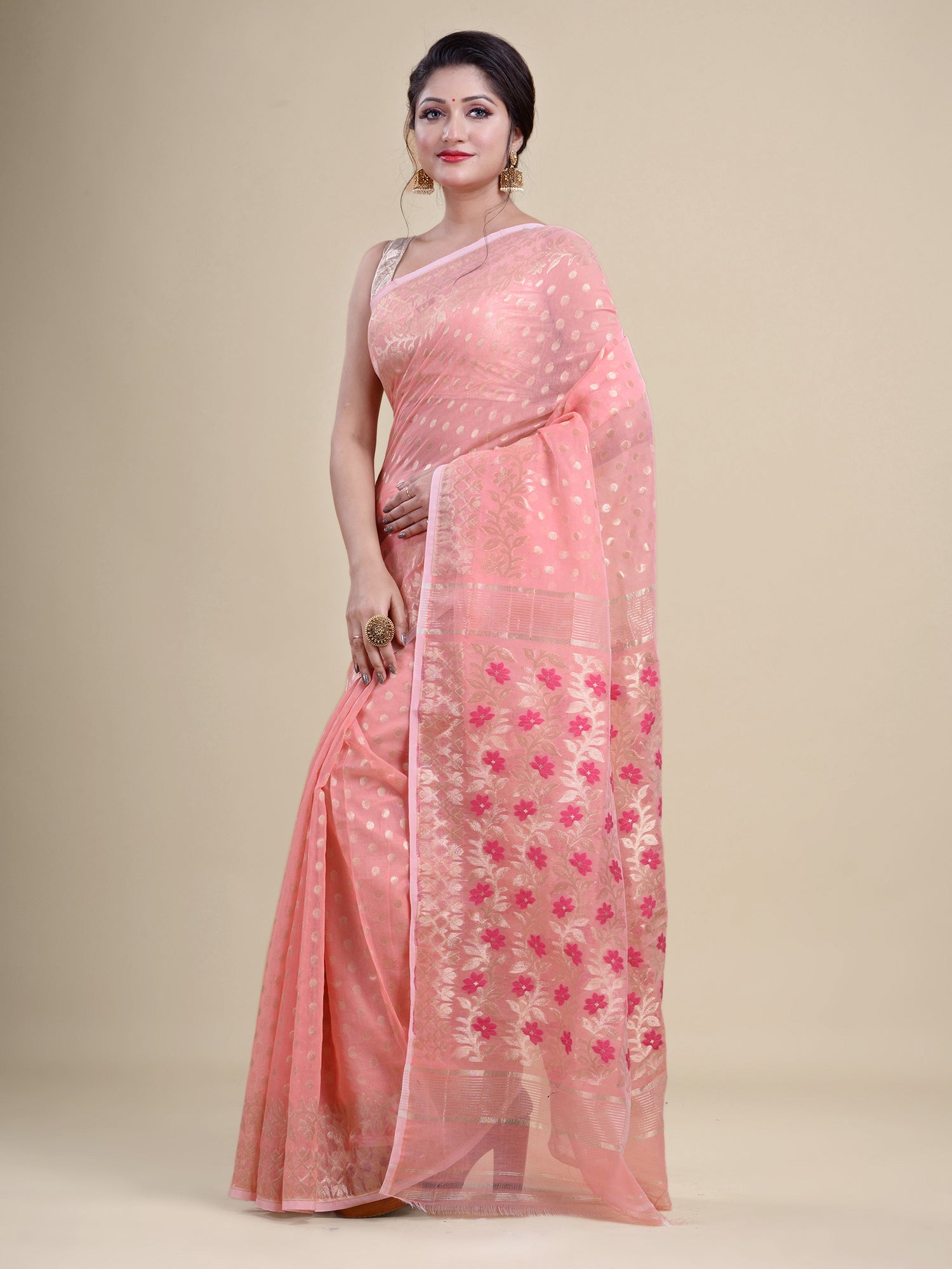 Peach & Golden cotton jamdani saree