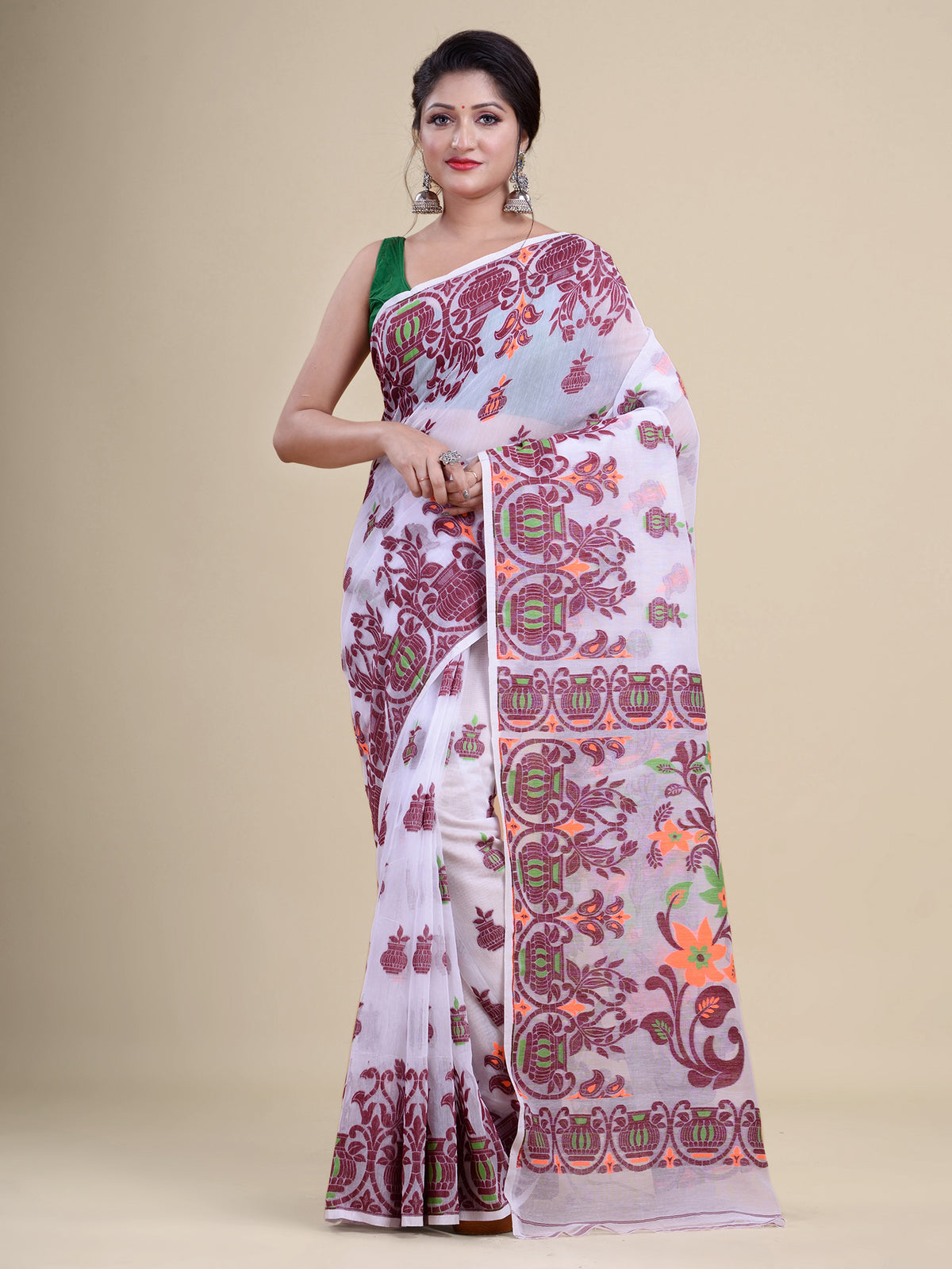 White & Maroon Cotton Jamdani Saree