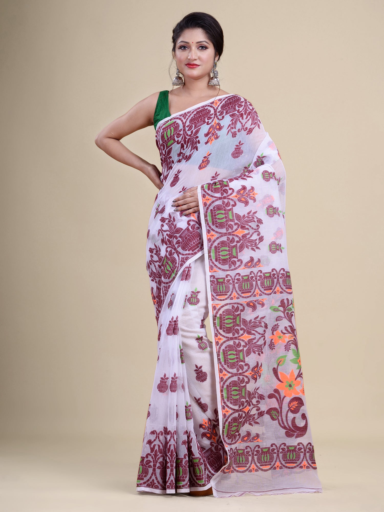 White & Maroon Cotton Jamdani Saree