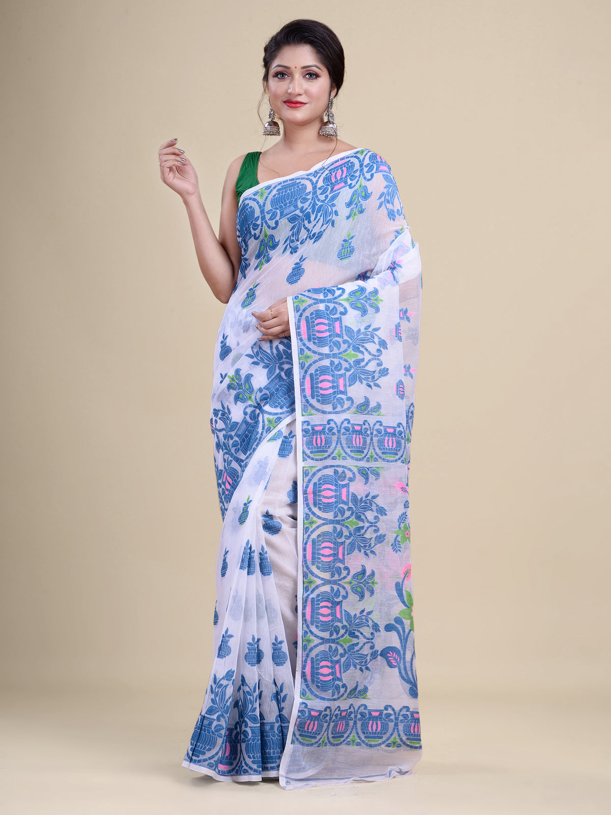 White & Blue Cotton Jamdani Saree