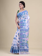 White & Blue Cotton Jamdani Saree