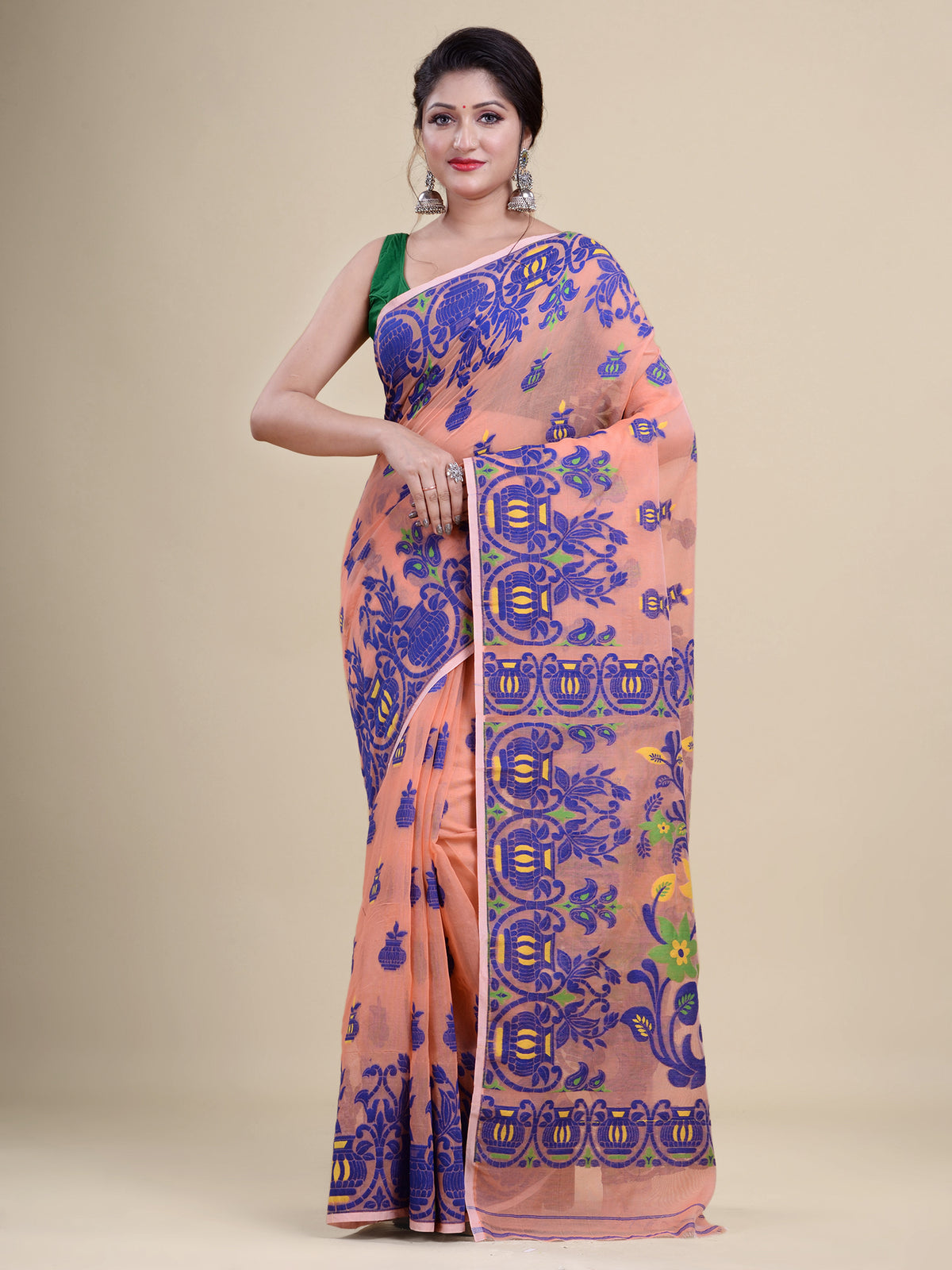 Peach & Blue Cotton Jamdani Saree