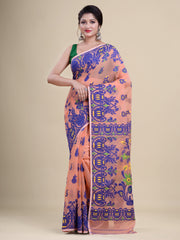 Peach & Blue Cotton Jamdani Saree