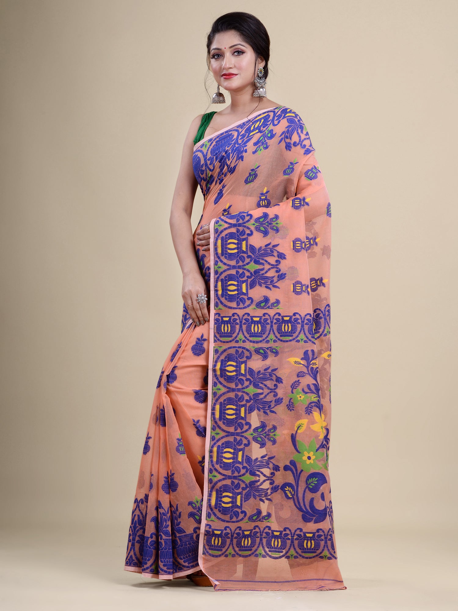 Peach & Blue Cotton Jamdani Saree