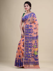 Peach & Blue Cotton Jamdani Saree