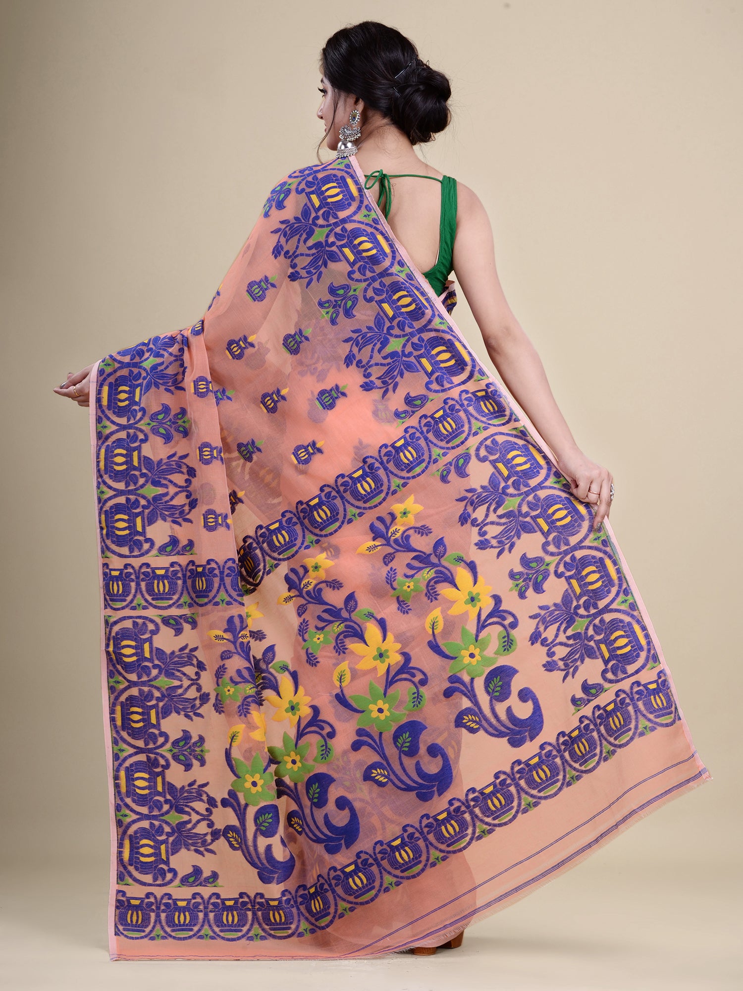 Peach & Blue Cotton Jamdani Saree