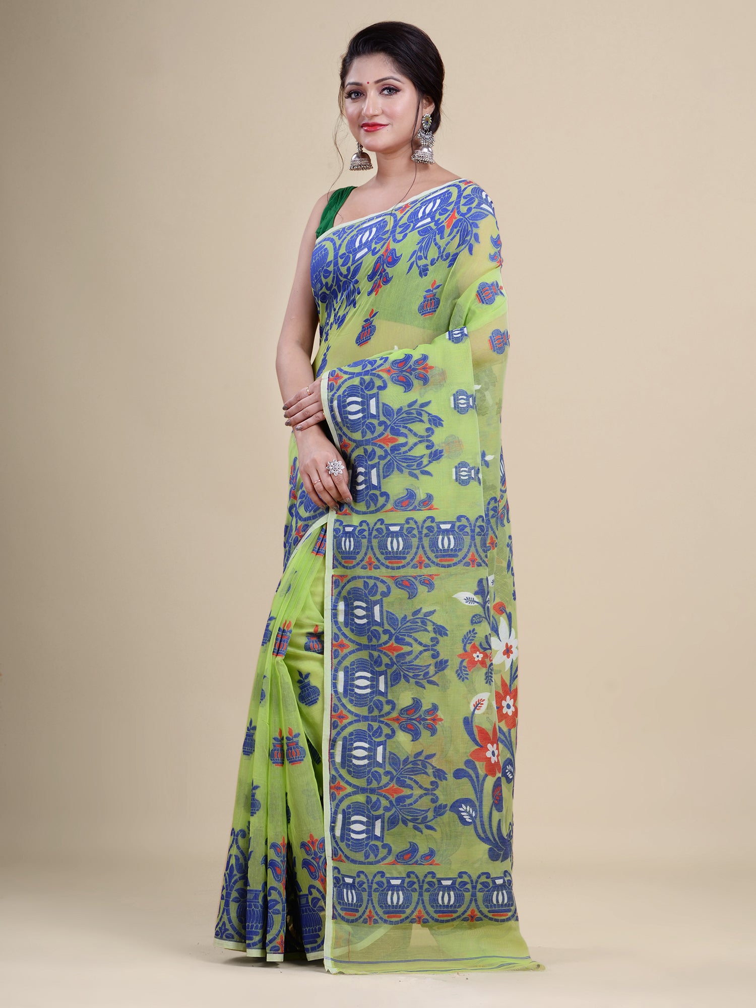 Green & Blue Cotton Jamdani Saree