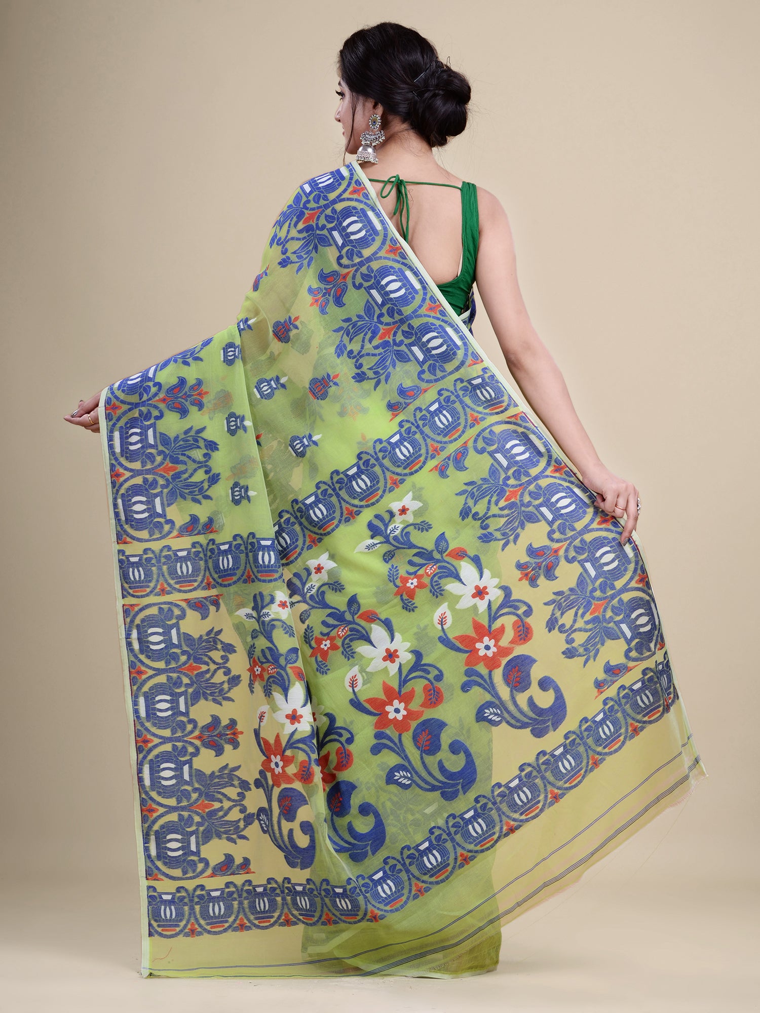 Green & Blue Cotton Jamdani Saree