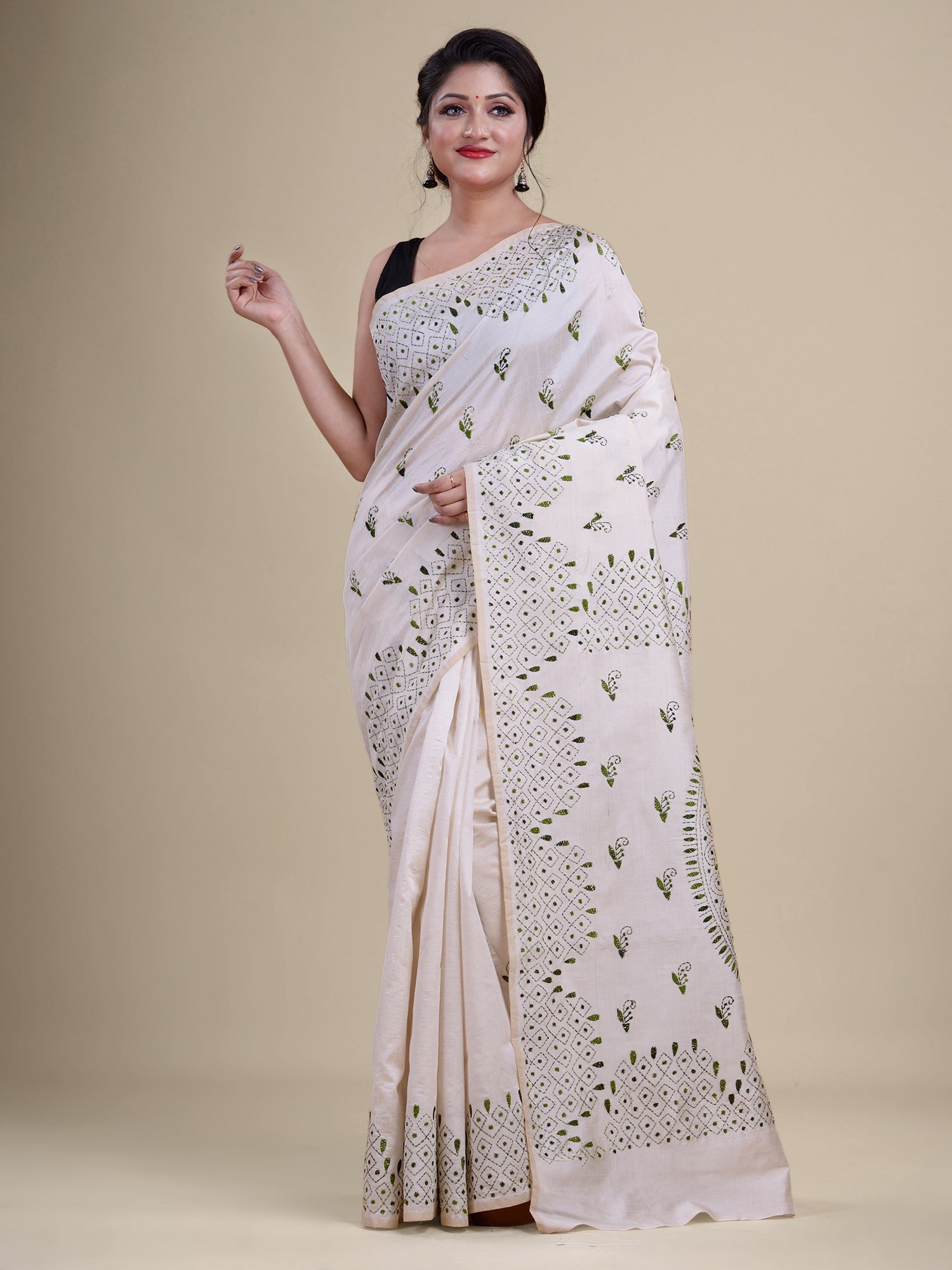 Laa Calcutta White & Green katha work saree