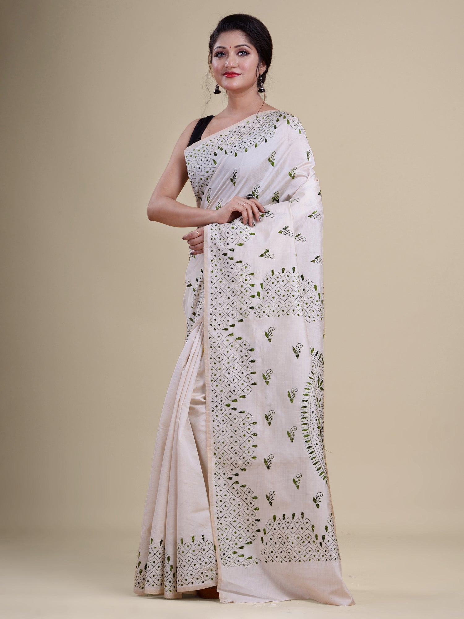 Laa Calcutta White & Green katha work saree