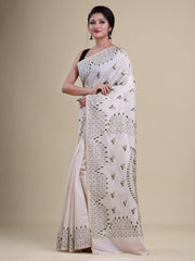 Laa Calcutta White & Green katha work saree