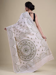 Laa Calcutta White & Green katha work saree